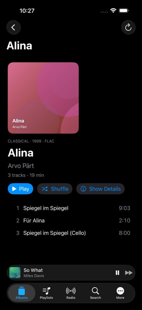 An album page in Lindale: Alina by Arvo Pärt with its track list