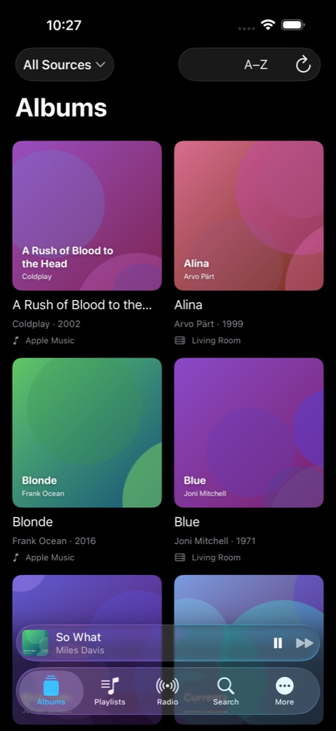 Lindale's album grid on iPhone, with an All Sources menu