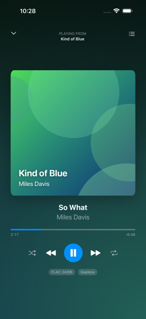 Now Playing in Lindale on iPhone: Kind of Blue by Miles Davis, FLAC 24/96, gapless